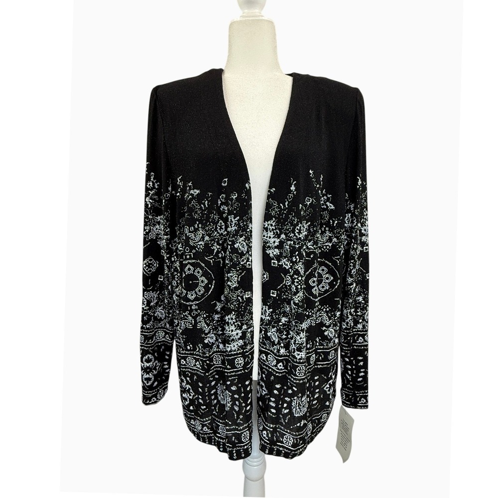 Alex Evenings Women's 2X Black Silver Metallic Glitter Open Front Cardigan NWT